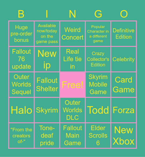 Microsoft/Bethesda Showcase Bingo Card