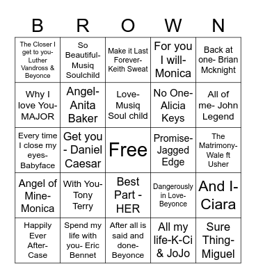Love Song Bingo Card
