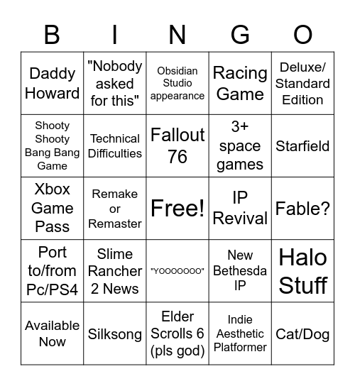 Xbox - Bethesda Showcase 2022 Bingo Card