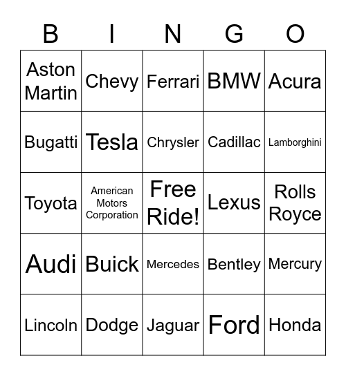 Cars Bingo Card