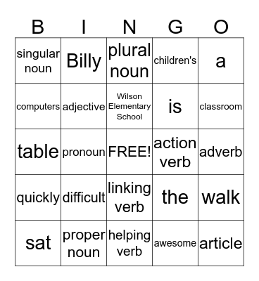 Parts of Speech Bingo Card
