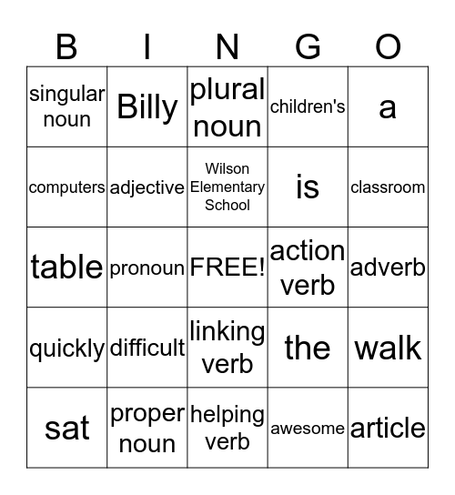 Parts of Speech Bingo Card