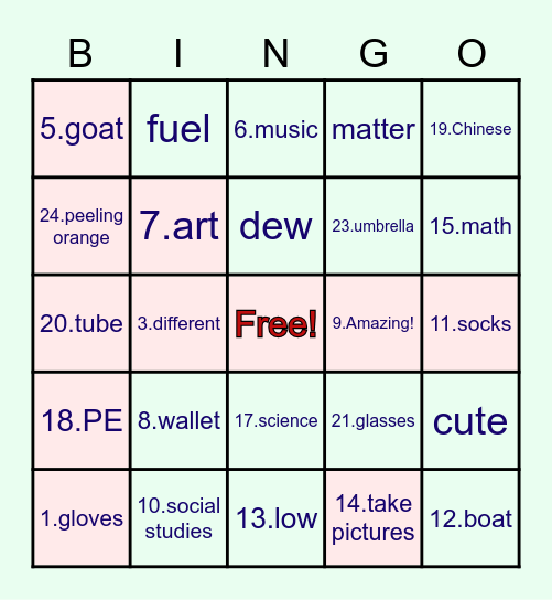 五年級英語賓果卡 U3 + U4 Bingo Card Bingo Card