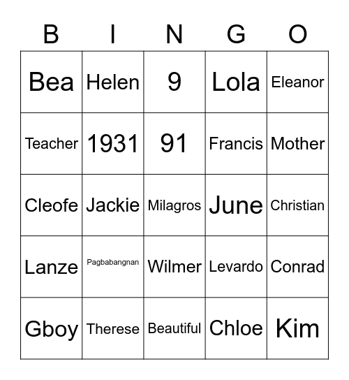 Mila @ 91 Bingo Card