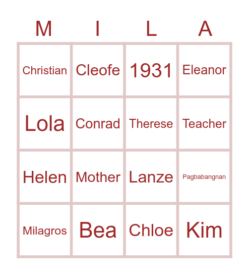 Mila @ 91 Bingo Card