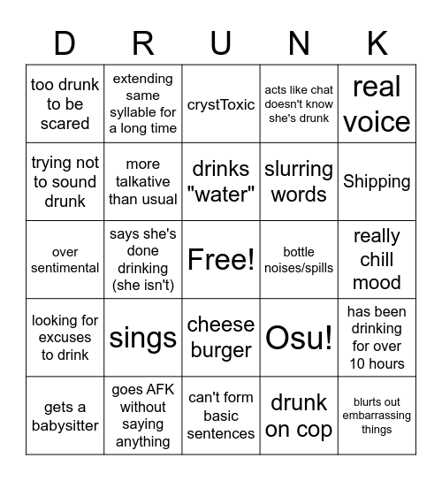 Crystalst Drunk Bingo Card