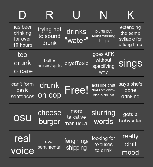 Crystalst Drunk Bingo Card