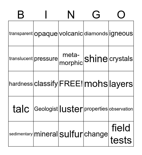 Rocks and Minerals Bingo Card