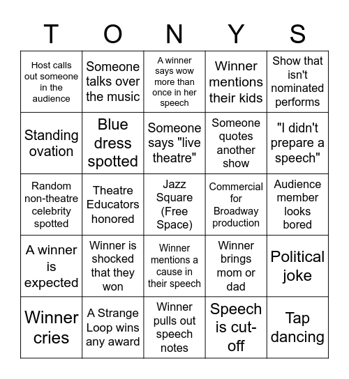 75 Tony Awards Bingo Card