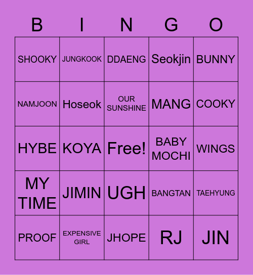 Bangtan Bingo Card