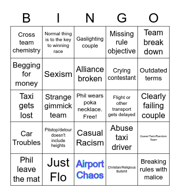 Amazing Race Bingo Card
