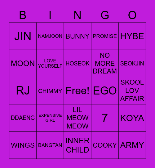 Bangtan Bingo Card