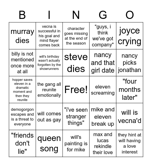 stranger things vol2 Bingo Card