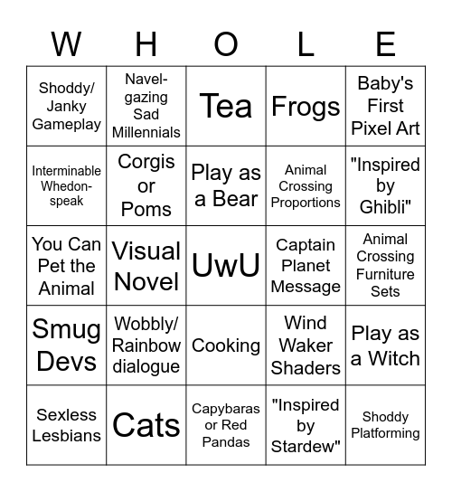 Wholesome Games Bingo Board Bingo Card