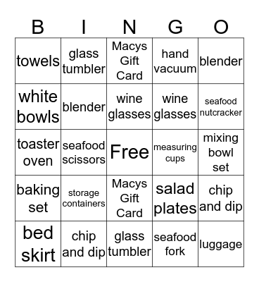 Julie's Bridal Shower Bingo Card