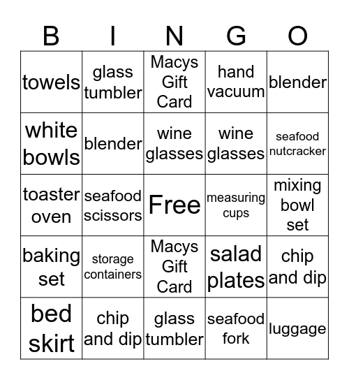 Julie's Bridal Shower Bingo Card