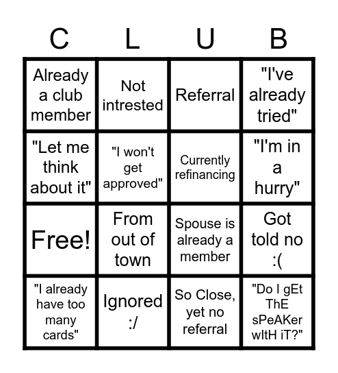 CLUB Bingo Card