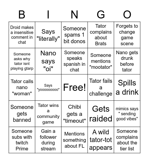 Tator Bingo Card Bingo Card