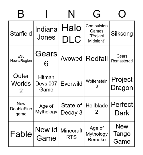 XBox/Bethesda Showcase Bingo Card