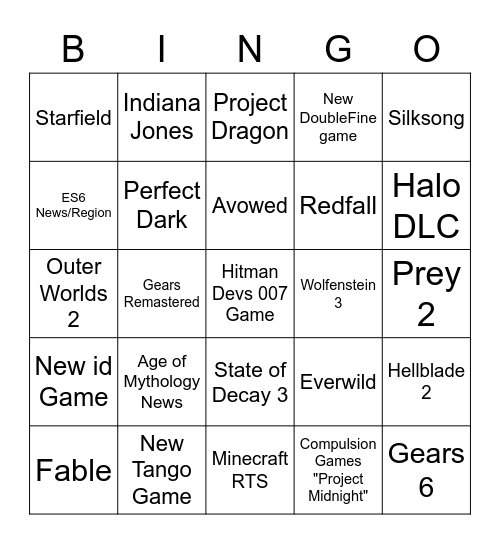 XBox/Bethesda Showcase Bingo Card