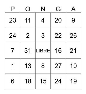 Numeros 0-31 Bingo Card