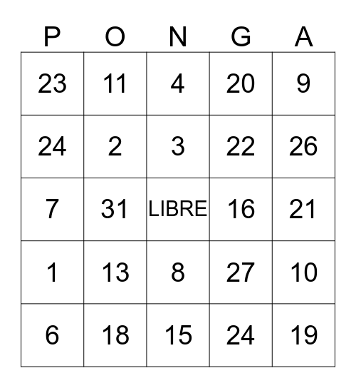 Numeros 0-31 Bingo Card
