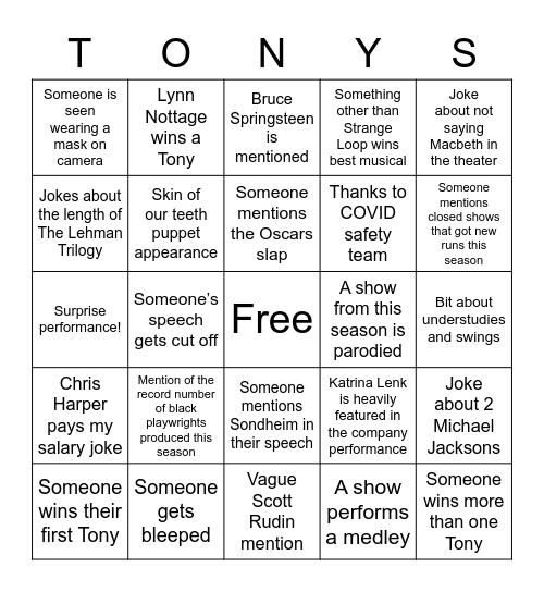 Tony award bingo Card