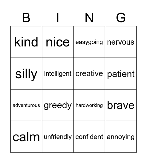 Personality traits Bingo Card