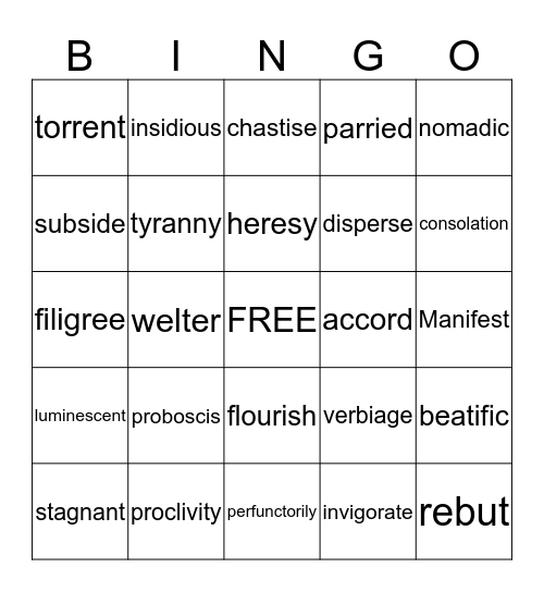 Language Arts Vocabulary Bingo Card