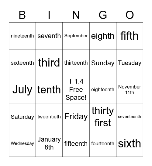 Ordinal Numbers, Days, Months Bingo Card