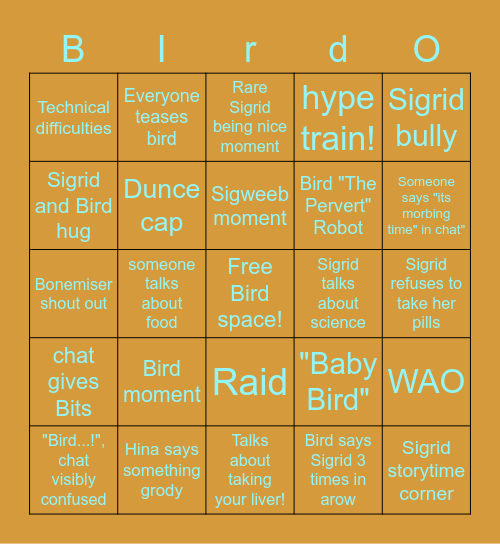 Sigrid and Bird Bingo Card