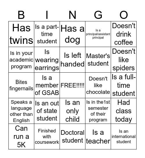 Graduate Student Advisory Board (GSAB) Bingo Card