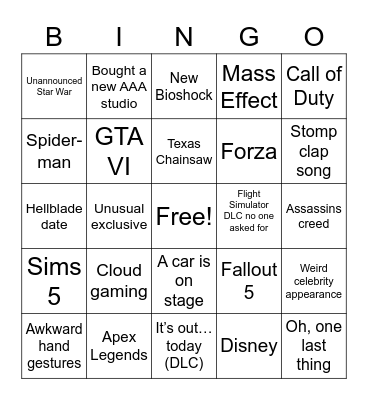 Xbox Not E3 Press Conference Bingo Card