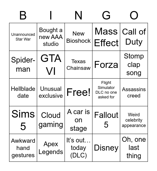 Xbox Not E3 Press Conference Bingo Card