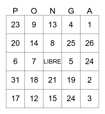Numeros 0-31 Bingo Card