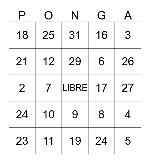 Numeros 0-31 Bingo Card