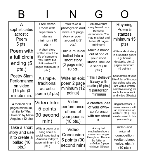 Portfolio Options Max Points = 50/50 Bingo Card