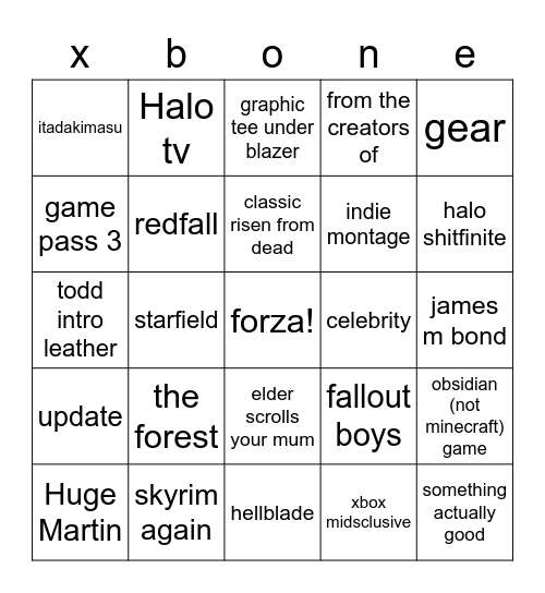 Xboy Bingo Card