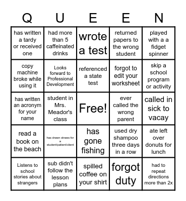 Queen Stacey Retirement Bingo Card