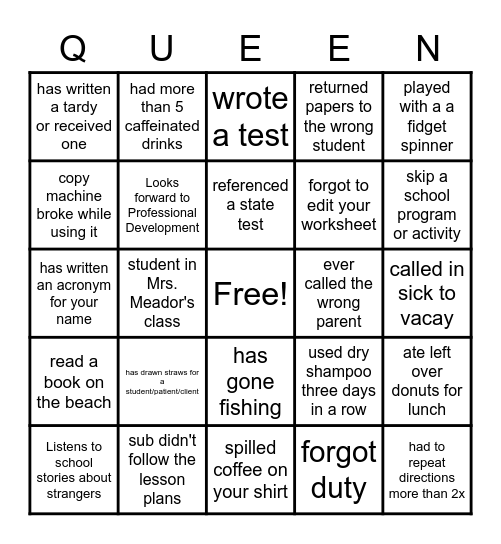 Queen Stacey Retirement Bingo Card