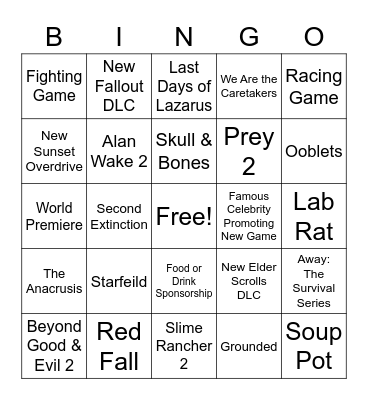 Xbox & Bethesda Showcase Bingo Card