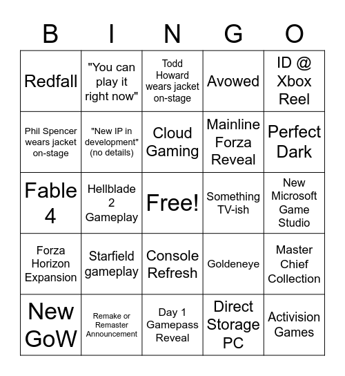 Xbox Microsoft E3 2022 Bingo Card