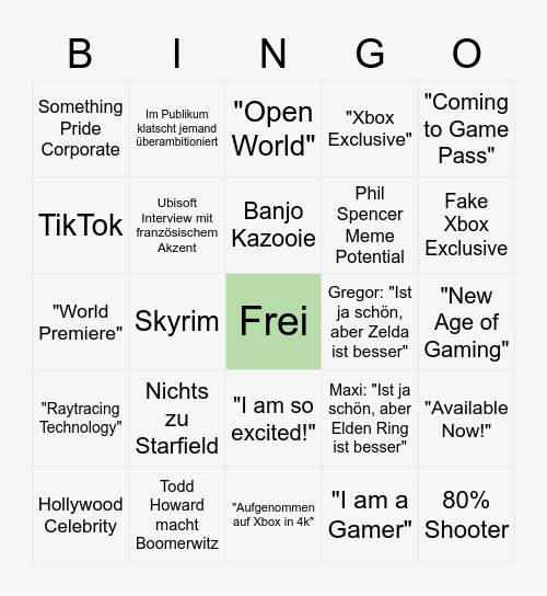 Xbox Games Showcase Bingo Card