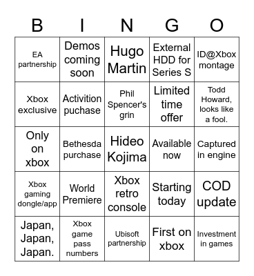 Xbox / Bethesda 2022 Bingo Card