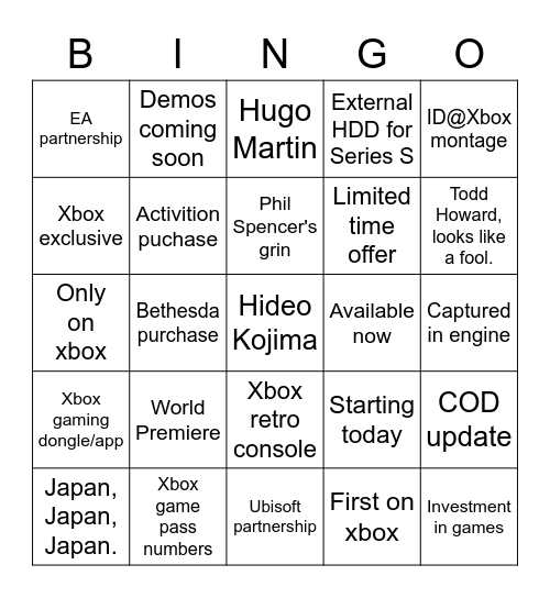 Xbox / Bethesda 2022 Bingo Card