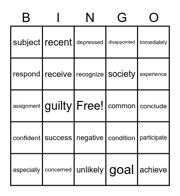 Vocabulary Bingo Card