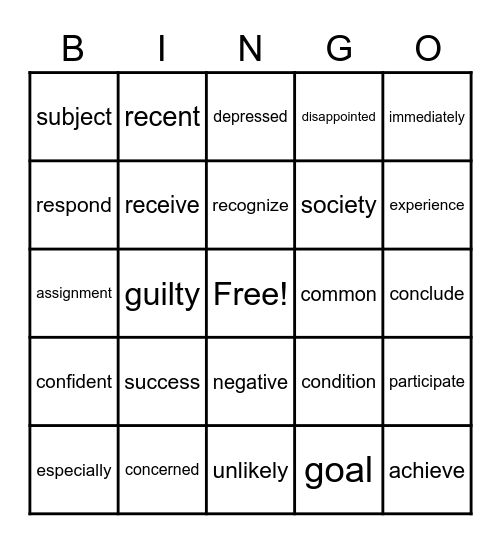 Vocabulary Bingo Card