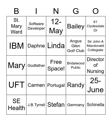 Irwin & Julia's Roce Bingo Card