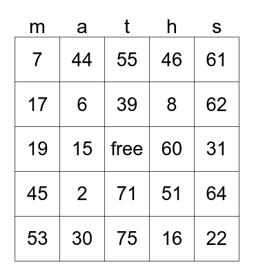 maths bingo Card