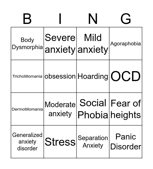 Anxiety and OCD Bingo Card